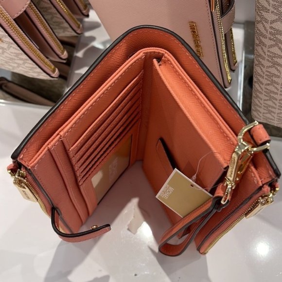 Michael Kors Jet Set Travel Leather Large Double Zip Wallet Wristlet Sherbert - Picture 3 of 16